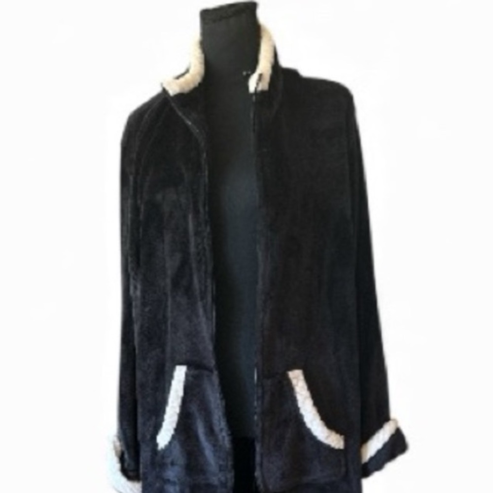 MISS ELAINE Plush Black Maxi Fleece Robe Full Front Zip White Rope Trim Size XL - Picture 6 of 13